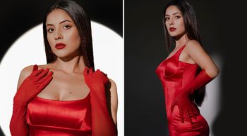 Shehnaaz Gill Poses Looks Nothing Less Than A BOMBSHELL In A Red Lipstick Paired With A Monochrome Outfit! (View Pics)