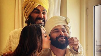 Lovebirds Arjun Kapoor and Malaika Arora pose with groom Kunal Rawal as Shahid Kapoor clicks them