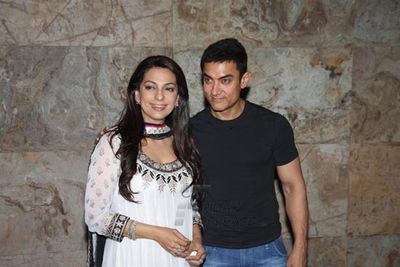 Aamir Khan with wife Kiran Rao, Imran Khan with wife Avantika, Juhi Chawla at special screening of film QAYAMAT SE QAYAMAT TAK at Light Box Preview Theater in Mumbai