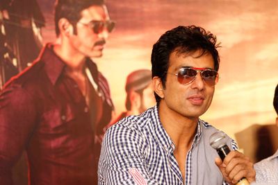 Leads from the film 'Shootout At Wadala' at the press meet with the author Hussain Zaidi