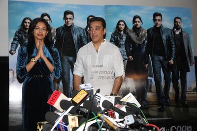 Acting giant Kamal Hassan and actress Pooja Kumar in the press conference about his recent film 'Vishwaroop'.