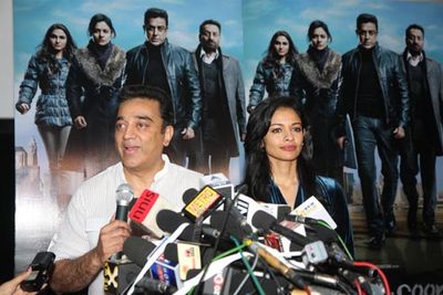 Acting giant Kamal Hassan and actress Pooja Kumar in the press conference about his recent film 'Vishwaroop'.