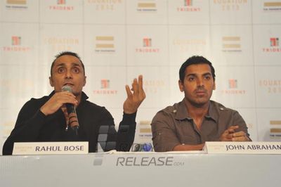 Actors John Abraham and Rahul Bose making an announcement at the press conference held for EQUATION 2013 fundraiser for Equality