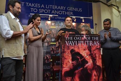 Bollywood celebrities Kajol and Shekhar Kapur at the launch of Anish Tripathis book THE OATH OF THE VAYUPUTRAS at the Crossword Store
