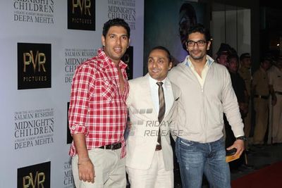 Well known author Salman Rushdie, Bollywood actors Shriya Saran, Rahul Bose, Shahana Goswami, director Deepa Mehta attends the premiere show of their recent film 'Midnight's Children'
