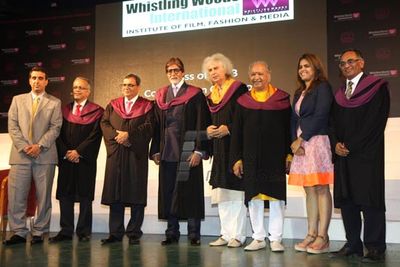 Amitabh Bachchan with musicians Pandit Shivkumar Sharma and Hariprasad Chaurasia felicitated