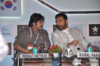 Kamal Haasan and Prosenjit Chatterjee in conversation with Karan Johar at the final day of FICCI FRAMES 2013