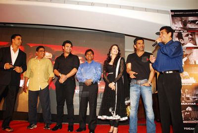 Akshay Kumar, Mithun Chakraborty, Suneil Shetty, Mahakshay Chakraborty at music launch of 'ENEMMY' at Club Millennium in Juhu, Mumbai