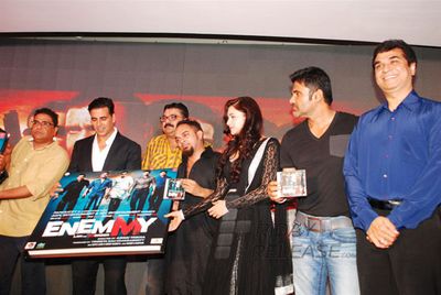 Akshay Kumar, Mithun Chakraborty, Suneil Shetty, Mahakshay Chakraborty at music launch of 'ENEMMY' at Club Millennium in Juhu, Mumbai