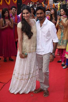 Sonam Kapoor & Dhanush at film 'RAANJHANAA' event at Filmcity in Mumbai
