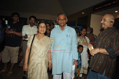 Sonali Kulkarni, Dr Prakash Baba Amte with wife Mandakini Amte at the special screening of Marathi film 'Dr Prakash Baba Amte'