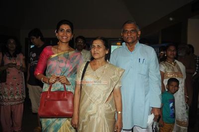 Sonali Kulkarni, Dr Prakash Baba Amte with wife Mandakini Amte at the special screening of Marathi film 'Dr Prakash Baba Amte'