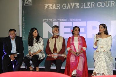 Sonam Kapoor with brothers of Neerja Bhanot, Aneesh and Akhil Bhanot at film 'Neerja' trailer launch