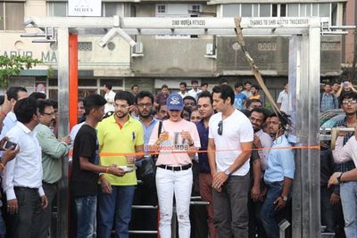 Dino Morea & Jacqueline Fernandez with Yuva Sena President Aditya Thackeray at the Launch of Dino's Fitness Open Gymnasium