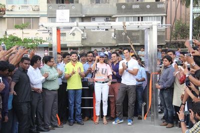 Dino Morea & Jacqueline Fernandez with Yuva Sena President Aditya Thackeray at the Launch of Dino's Fitness Open Gymnasium