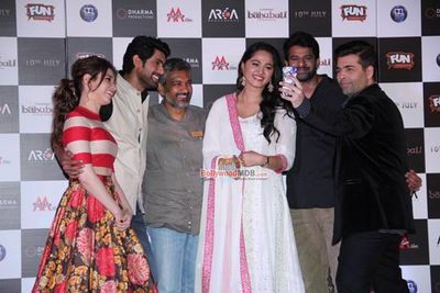 Prabhas, Rana Daggubati, Anushka Shetty, Tamannaah Bhatia, Karan Johar at the Trailer Launch of 'Baahubali'