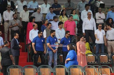 John Abraham, Abhishek Bachchan, Ranbir Kapoor, Amitabh Bachchan among other Celebs with CM Devendra Fadnavis at the opening football match at JIO Garden