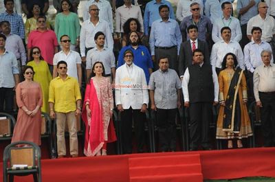 John Abraham, Abhishek Bachchan, Ranbir Kapoor, Amitabh Bachchan among other Celebs with CM Devendra Fadnavis at the opening football match at JIO Garden
