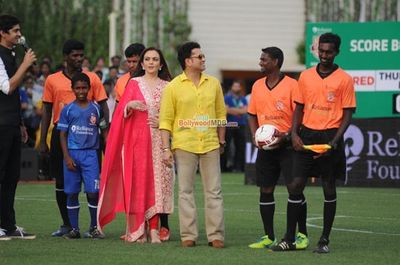 John Abraham, Abhishek Bachchan, Ranbir Kapoor, Amitabh Bachchan among other Celebs with CM Devendra Fadnavis at the opening football match at JIO Garden