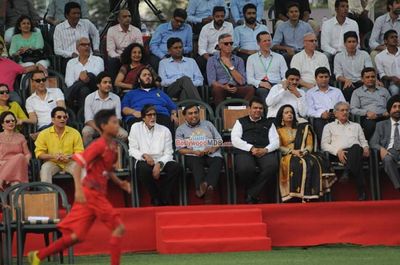 John Abraham, Abhishek Bachchan, Ranbir Kapoor, Amitabh Bachchan among other Celebs with CM Devendra Fadnavis at the opening football match at JIO Garden