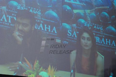Star cast of the film 'Satyagraha' via video conferencing at the global trailer launch of their film