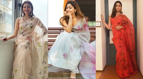 Take lessons from Kajal Aggarwal, Rashmika Mandanna and Alia Bhatt on how to rock an organza floral print saree