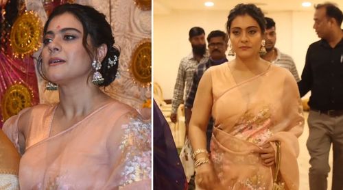 The blush pink organza saree by Kajol, which costs Rs 35,000, is ideal for the upcoming Diwali season