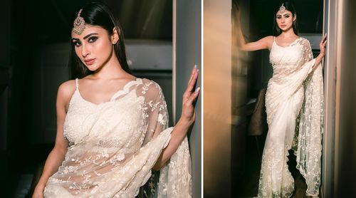Mouni Roy seems to be from a storybook in a wispy white saree