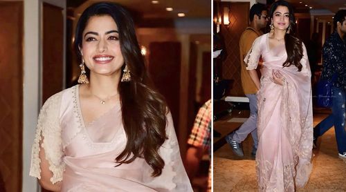 Rashmika Mandanna opted for a pretty blush pink saree looking GORGEOUS for ‘Mission Majnu’ TRAILER launch event!