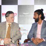 Farhan Akhtar and Gautam Singhania, CMD, Raymond Group at the launch of Park avenue deodorants