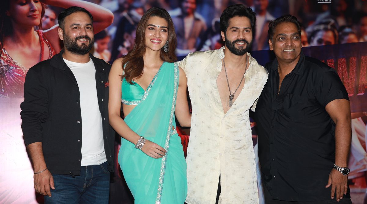 Director Amar Kaushik, along with actors Varun Dhawan, Kriti Sanon, Ganesh Acharya, and others, release the song "Thumkeshwari" from the movie "Bhediya."