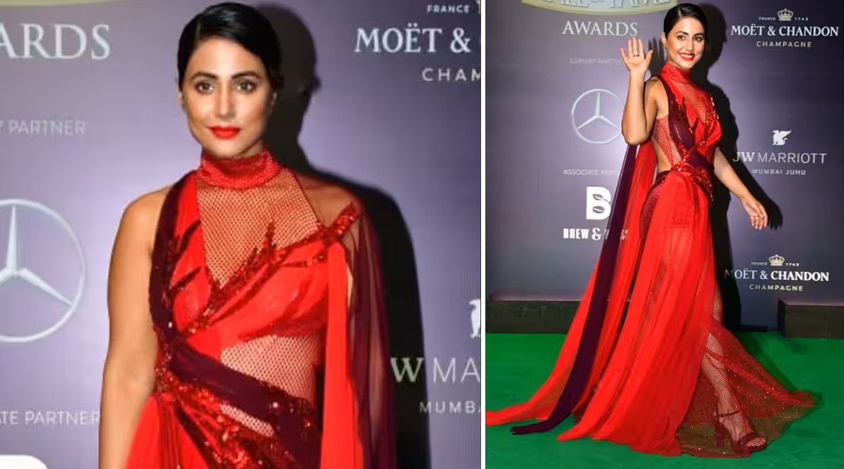 Hello Hall Of Fame Awards 2023: Hina Khan Has The Fashion Police Giving A Major Thumbs Up As She Poses In A Crimson Mesh Gown! (Watch Video)