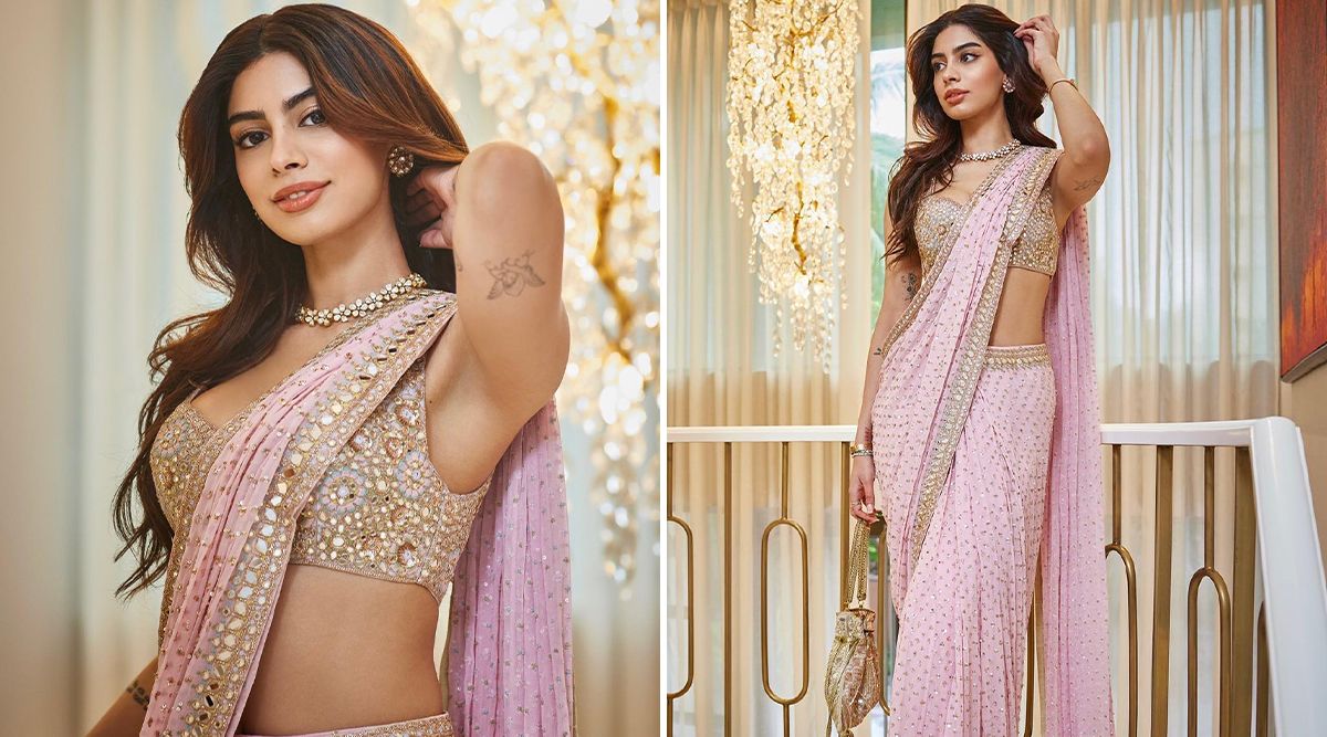 Khushi Kapoor Looks Like A Breath Of Fresh Air In A Mirror Work Blush-Pink Saree Paired With A Sexy BRALETTE, (View Pic)