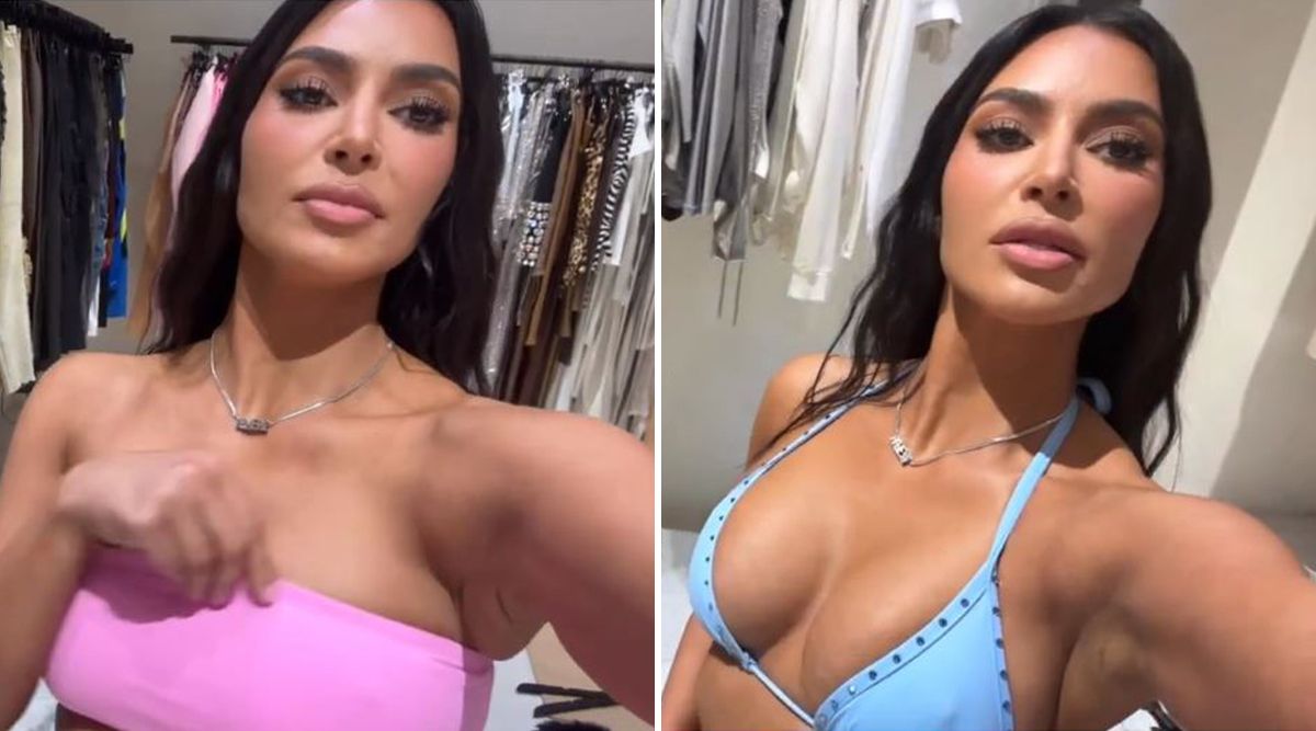 Kim Kardashian Shows Off Her B**b Stretch Marks While Trying On Tiny Thong Bikinis