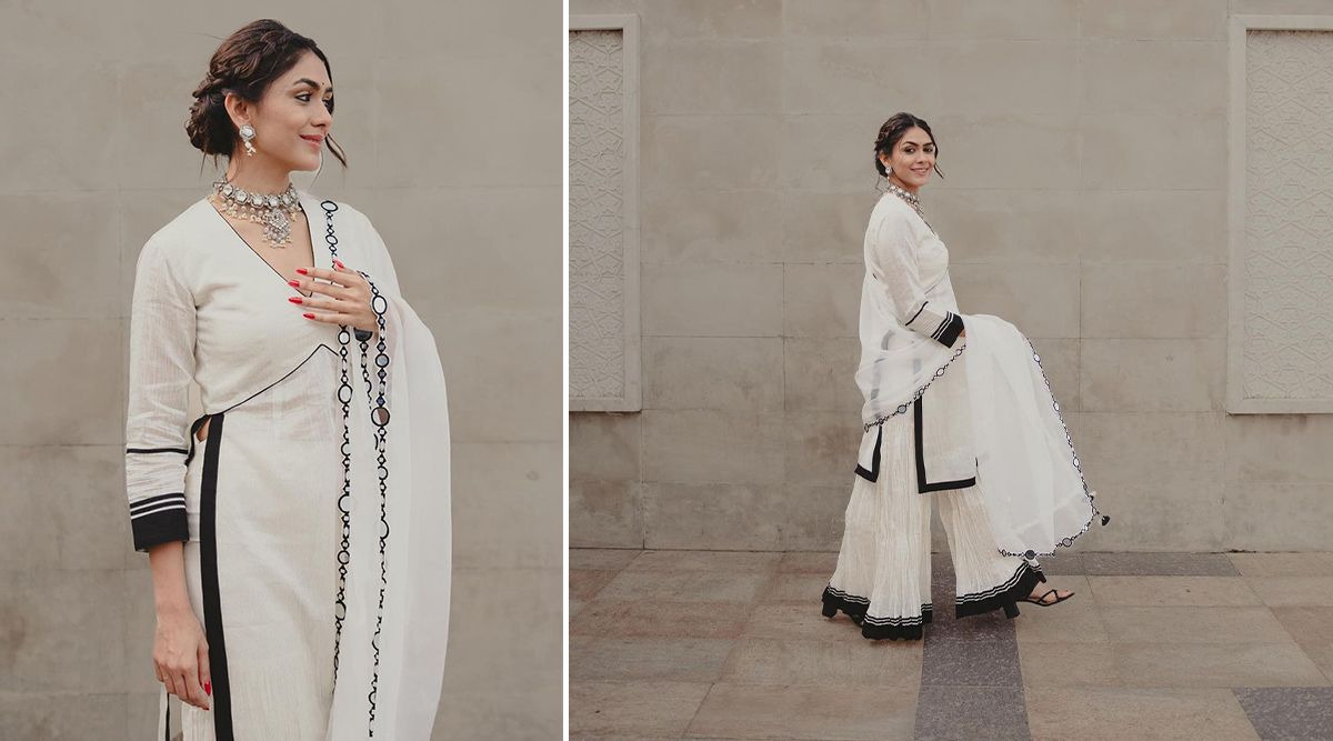 Mrunal Thakur looks ethereal in a monochrome kurta during Sita Ramam promotions