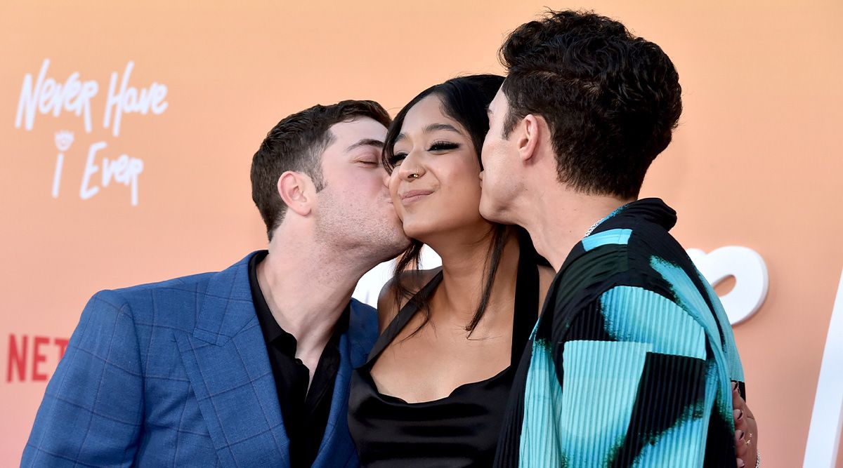 ‘Never Have I Ever’ red carpet witnesses Maitreyi Ramakrishnan get kissed by BOTH costars Jaren and Darren