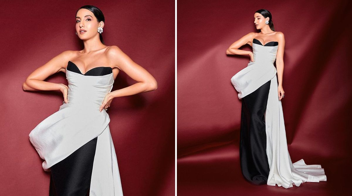 Nora Fatehi in a Mark Bumgarner gown, striking monochrome Aesthetics 