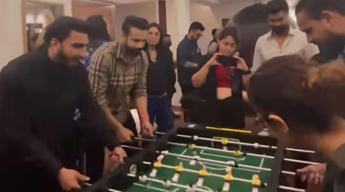 Ranveer Singh, Fatima Sana Shaikh play foosball with cricketer Irfan Pathan at the screening of Laal Singh Chaddha