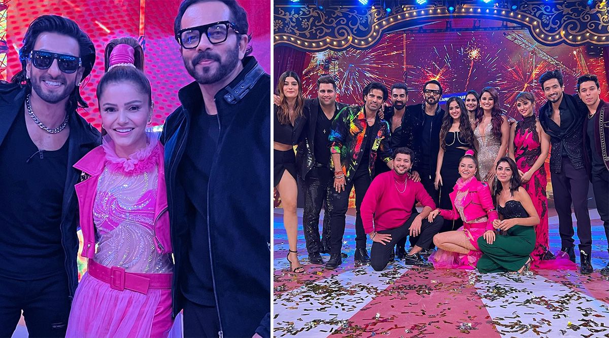 On the Khatron Ke Khiladi Grand Finale, Rubina Dilaik poses with Rohit Shetty and Ranveer Singh