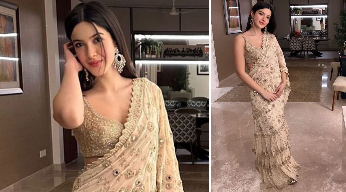 Shanaya Kapoor exudes BEAUTY and ELEGANCE in a ruffle saree with mirror  work from the shelves of designer Arpita Mehta