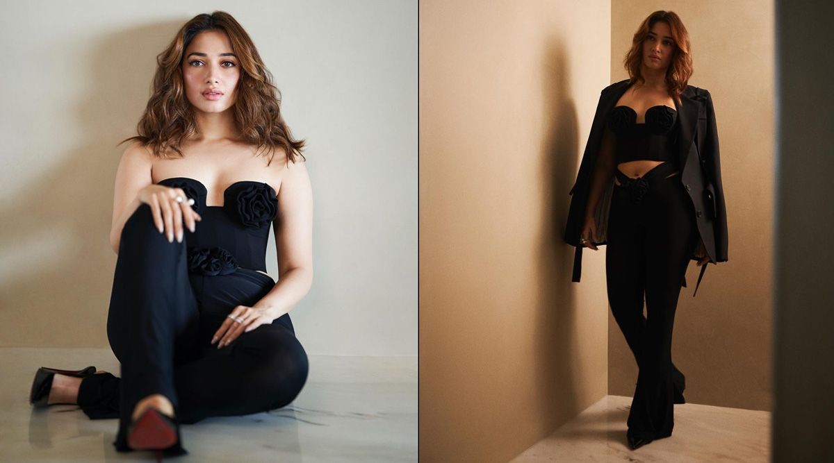 Ooh La La! Tamannaah Bhatia Takes Her SEXUALTIY To An All New High As She Poses In An All-Black Motif Blazer Suit Paired With An OVERSIZED Coat (View Pics)