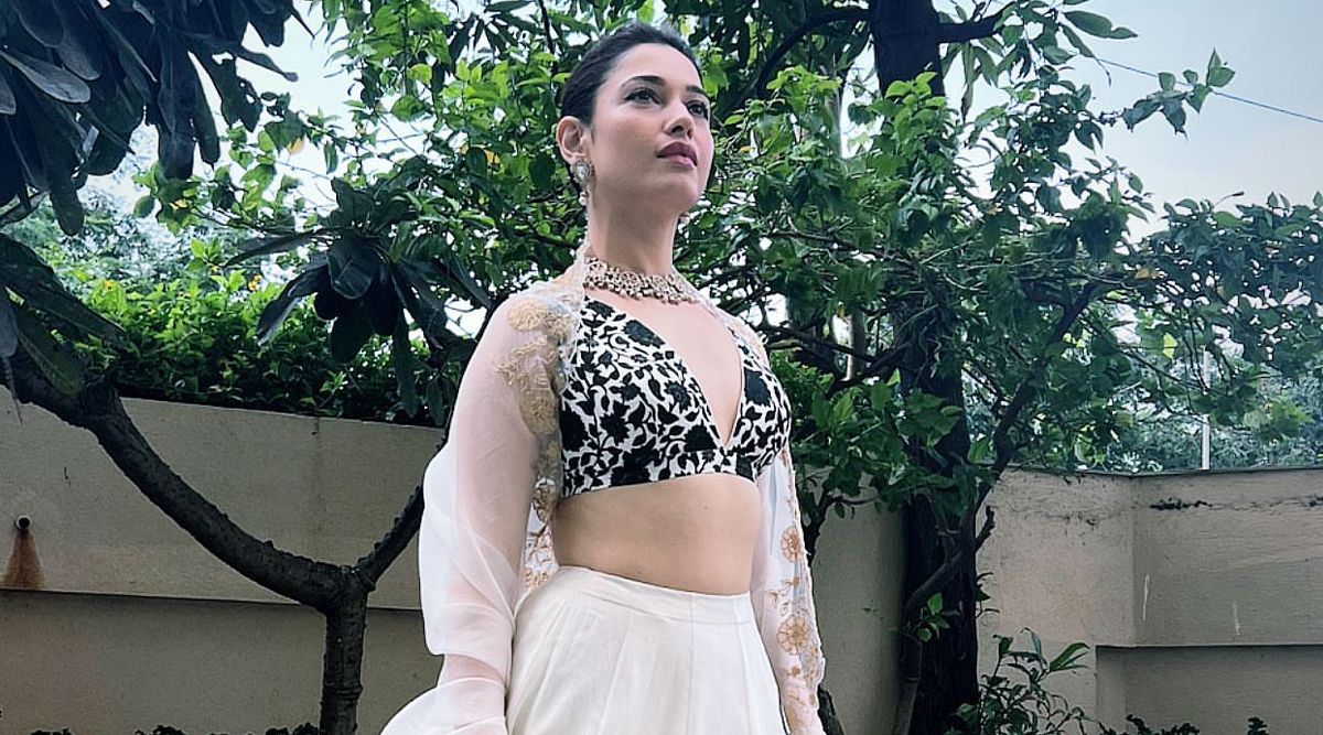 Tamannaah Bhatia looks drop-dead gorgeous in a monochrome printed lehenga