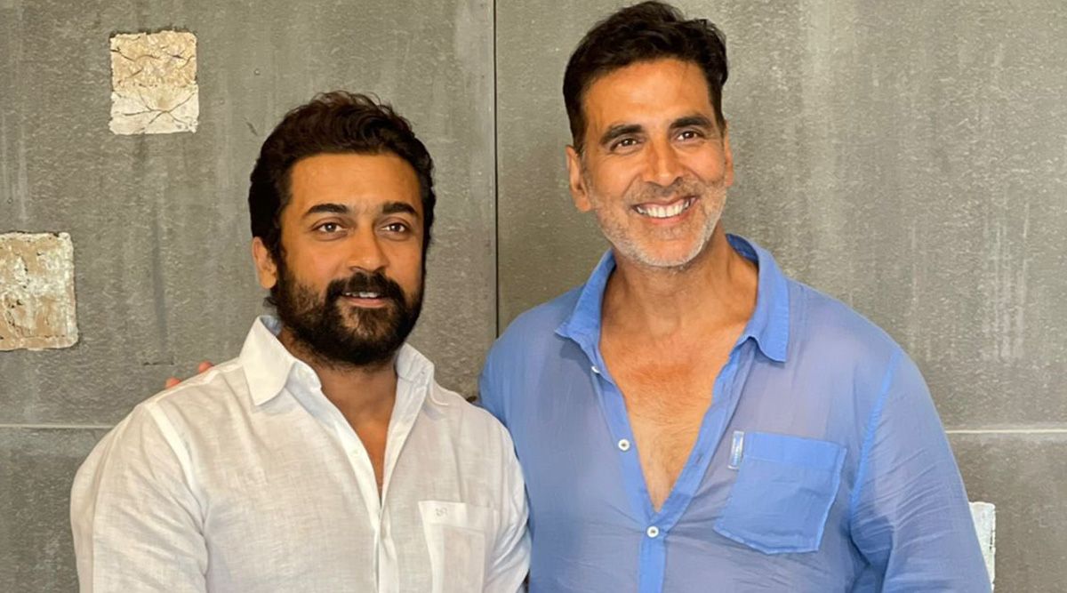 Suriya poses with Akshay Kumar as he ventures in Bollywood with the Hindi adaptation of Soorarai Pottru