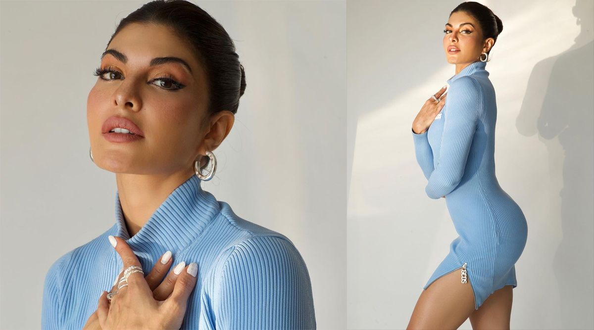 Jacqueline Fernandez breaks the Internet in a short blue ribbed knit dress