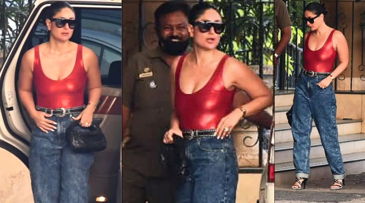 Kareena Kapoor raises temperature in a red latex bodysuit and navy blue jeans