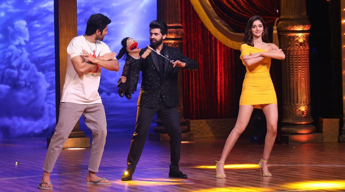 Vijay Deverakonda and Ananya Panday dance to the beats of Akdi Pakdi with contestant Vighnesh Pande at grand finale of India’s Laughter Champion