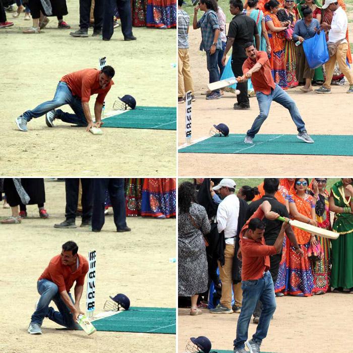 Akshay Kumar captured while playing Cricket on the sets of Jolly LLB 2