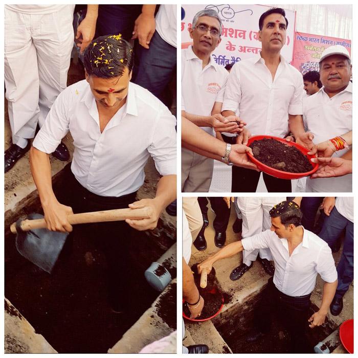 Akshay Kumar dug his first two pit Toilet with MP Narendra Singh Tomar!